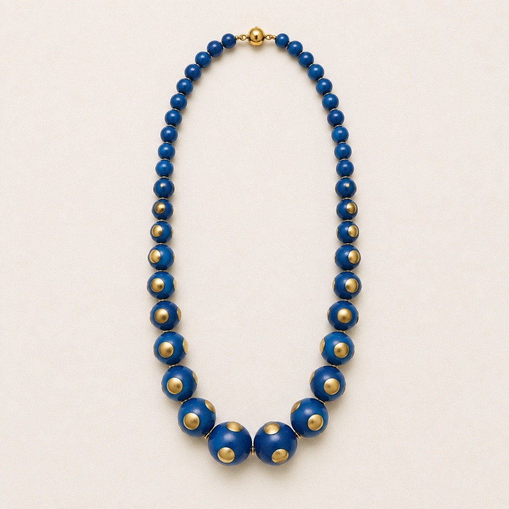 Statement Boho Chic Wood Bead Necklace Women OS Navy Blue Gold Studded Eclectic